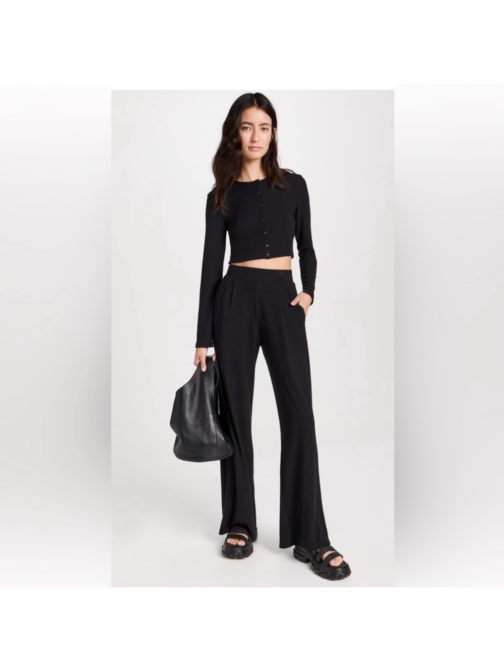 LESET Lauren Wide-Leg High Rise Waist Pleated Pocket Pants Buttery Soft Black